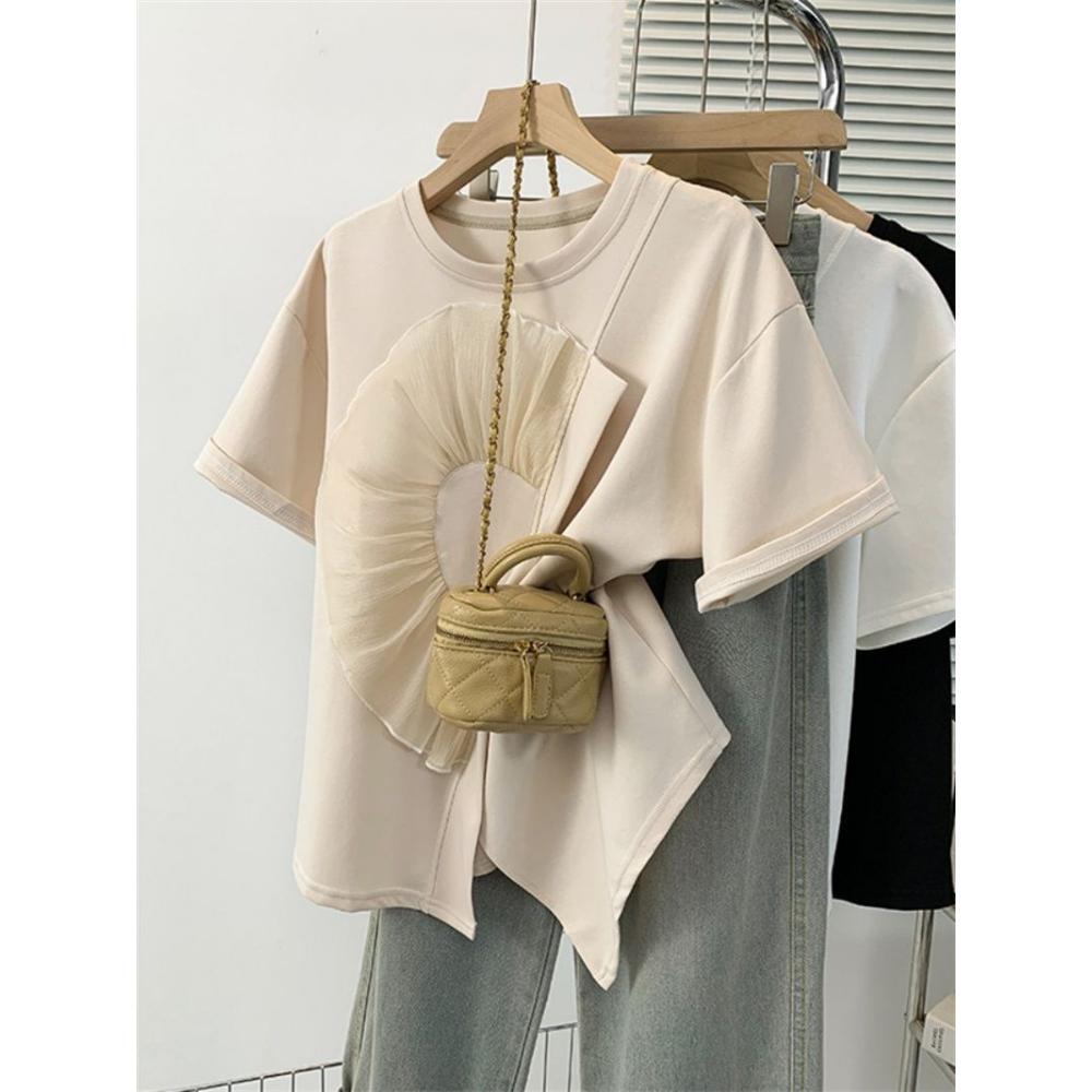 Pure Cotton Short-sleeved T-shirt for Women in Summer Slimming Irregular and Unique Shoulder Top