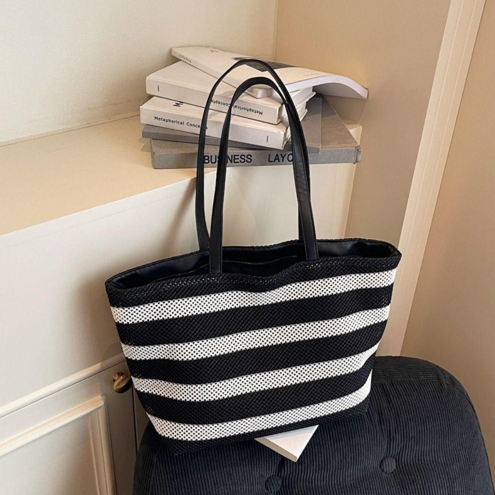 Korean Style Black and White Striped Tote Bag Large Capacity Hollow Shoulder Bag Girls