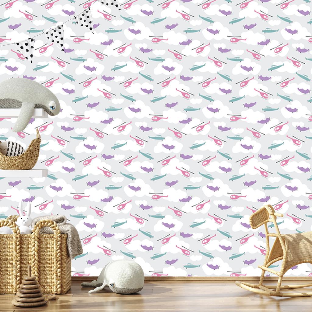 Wallpaper Colorful airplanes and helicopters for living room and bedroom 50x1000