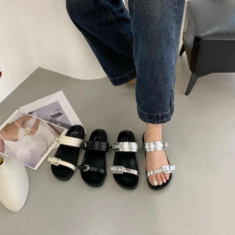 2025 summer flat bottom non-slip word with open-toe buckle breathable round head fashion thick-soled beach sandals women's shoes