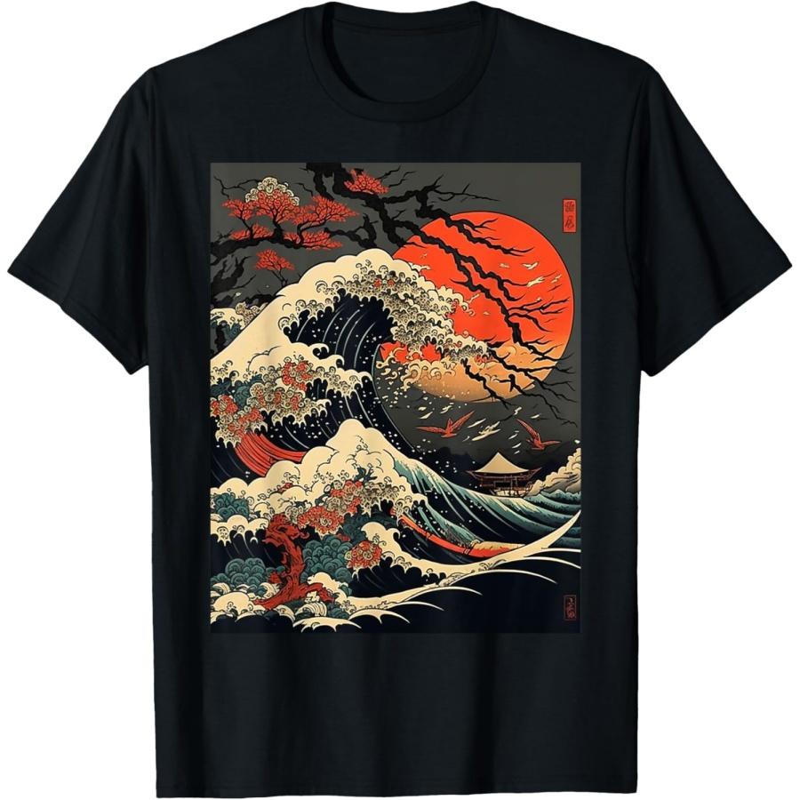 vintage Kanagawa Japanese The great wave Cherry Blossom Art T-Shirt S