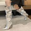 Fashion Eilyken Winter Gold Silver Pleated Pointed Toe Woman Knee-High Boots Designer Thin High Heels Stripper Shoes Botas Mujer