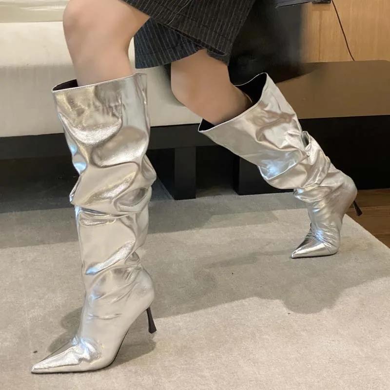Fashion Eilyken Winter Gold Silver Pleated Pointed Toe Woman Knee-High Boots Designer Thin High Heels Stripper Shoes Botas Mujer