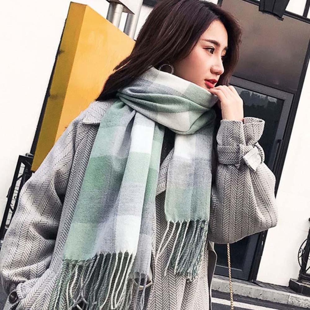 Soft Classic Plaid Scarf Cold-proof Long Neckscarf with Tassel Large Knitted Wool Shawl Winter