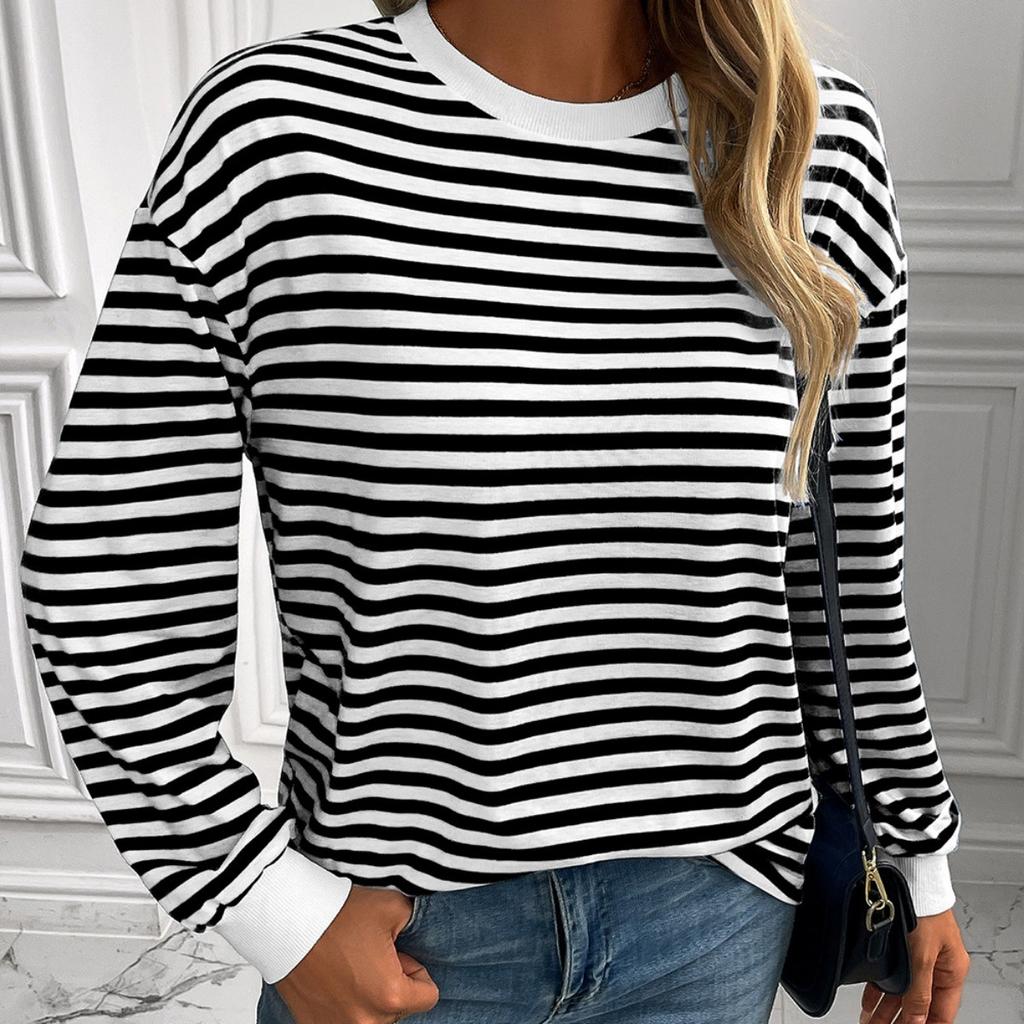 Maglietta a maniche lunghe con scollo rotondo a righe larghe casual, Felpa, Top a righe blu navy per donna uomo, Transfrontaliero Europa America