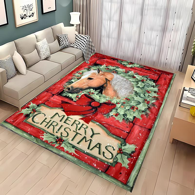 3D tištěný vánoční koberec s koněm pro domov, obývací pokoj, dětskou ložnici, pohovku, rohožka, kuchyňský podlahový koberec, protiskluzová dekorační podložka, teplý dárek