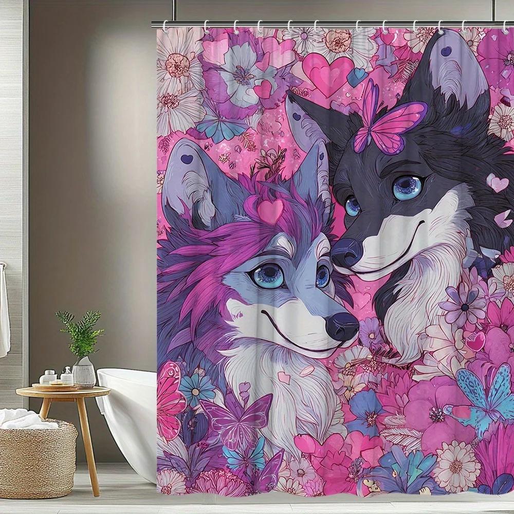1pc Valentine'S Day Shower Curtain Cute Animal Floral Pattern Wolf and Butterfly Medieval Style Bathroom Decor Polyester Fabric
