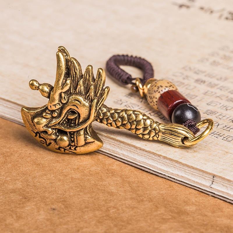 Punk Brass Dragon Head Axe Keychain Lucky Charm Car Key Ring Handmade Rope Vintage Gift For Men Women