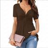 New European American Style Women's V Neck Twist Front Short Sleeve Shirt Casual Solid Color Pullover T-shirt Top