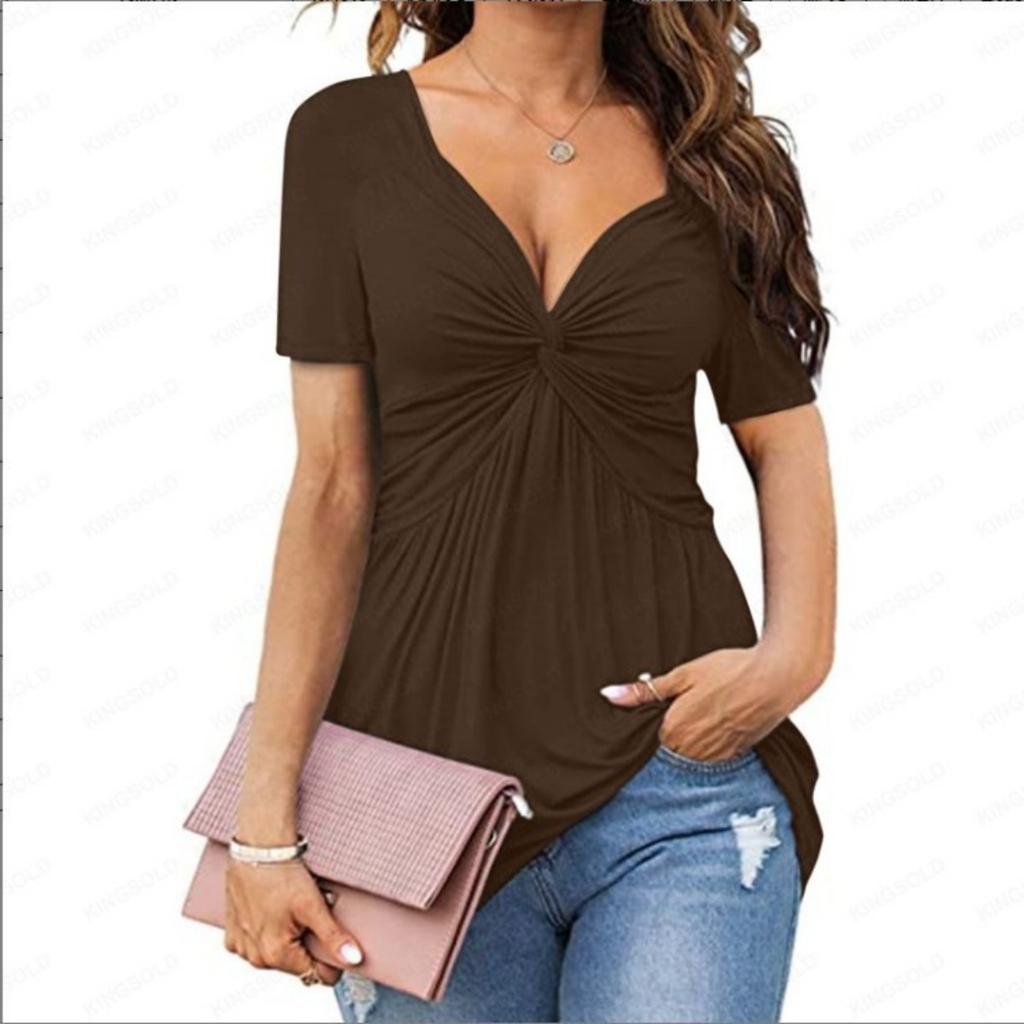 New European American Style Women's V Neck Twist Front Short Sleeve Shirt Casual Solid Color Pullover T-shirt Top