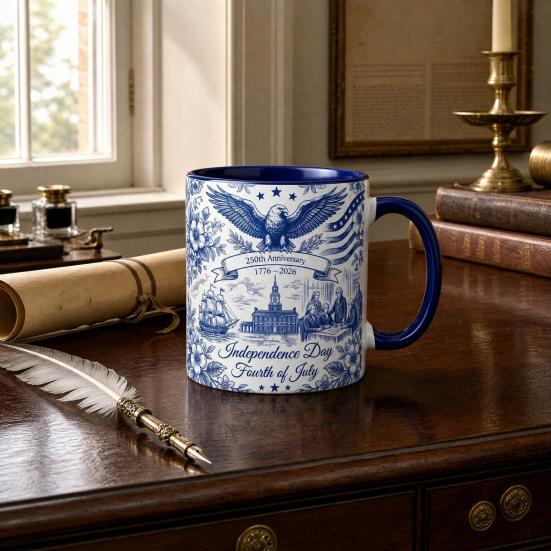 Yousheng USA 250th Anniversary Blue Mug, Patriotic Ceramic Coffee Cup with Eagle Flag Design, Independence Day Gift for Veterans Men Women