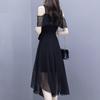 Elegant Fashion V-neck Zipper Off Shoulder Short Sleeve A-LINE Dress Summer Black Solid Color Chiffon Empire Women's Clothing