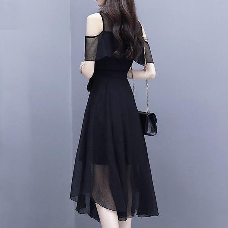 Elegant Fashion V-neck Zipper Off Shoulder Short Sleeve A-LINE Dress Summer Black Solid Color Chiffon Empire Women's Clothing