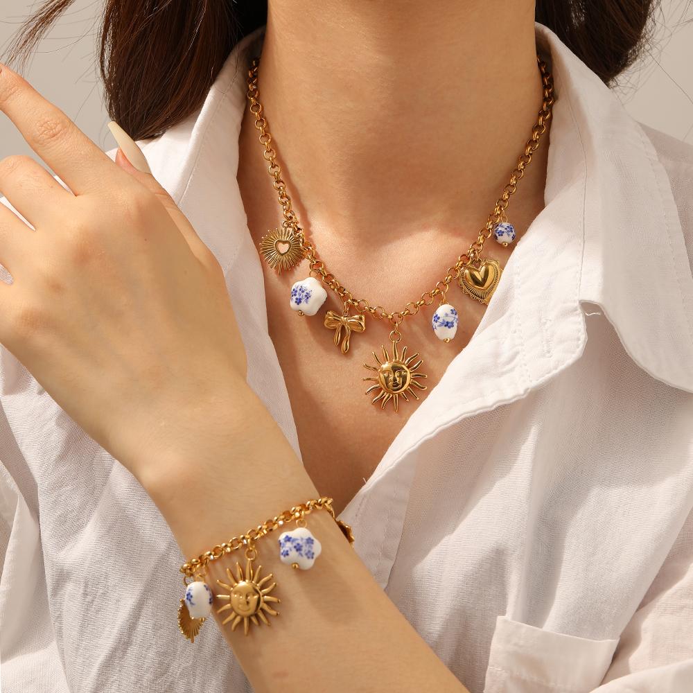 DIEYURO 316L Stainless Steel Golden Sun Heart Ceramic Flower Pendant Bracelet For Women New Classic Wrist Chain Jewelry Gift