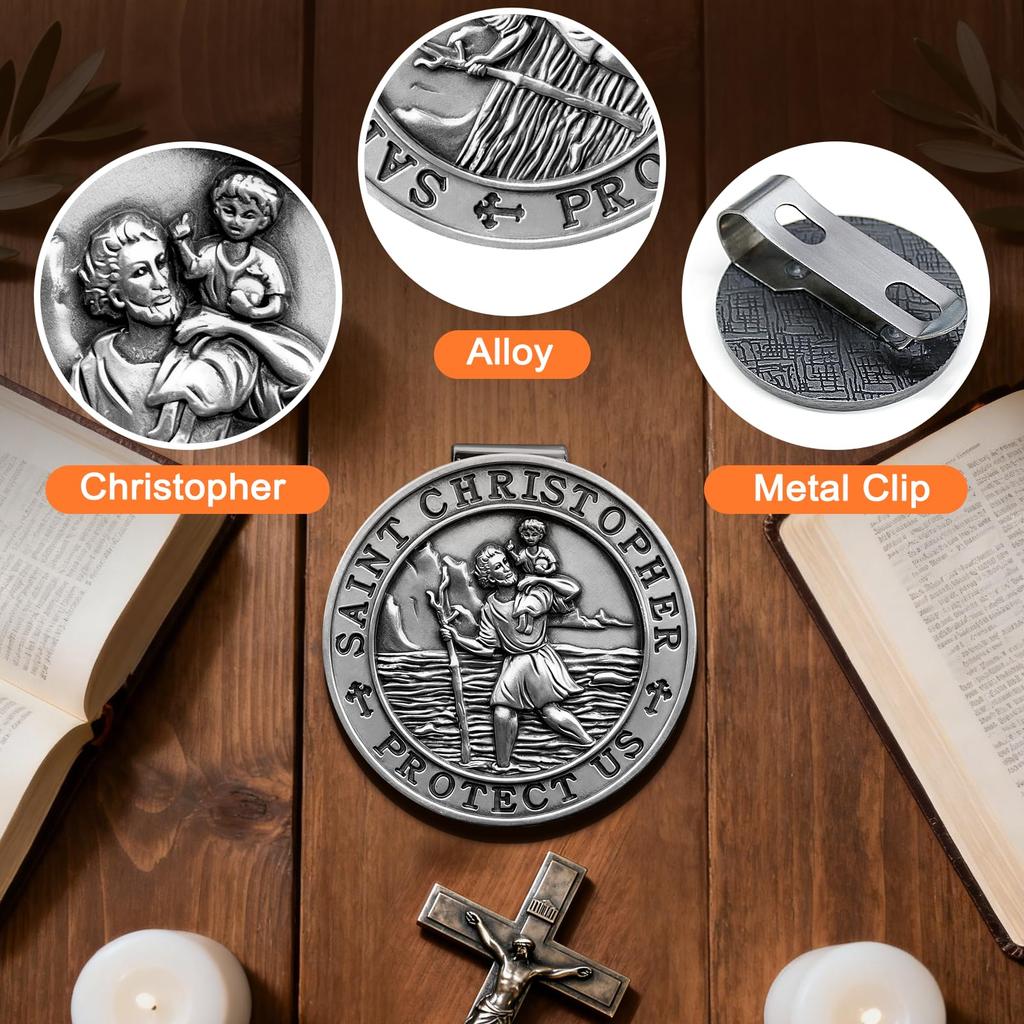 PloreWay Medalik Świętego Krzysztofa Samochodowy Metalowy Święty Krzysztof Klips do Osłony Przeciwsłonecznej Talizman dla Bezpieczeństwa Samochodu