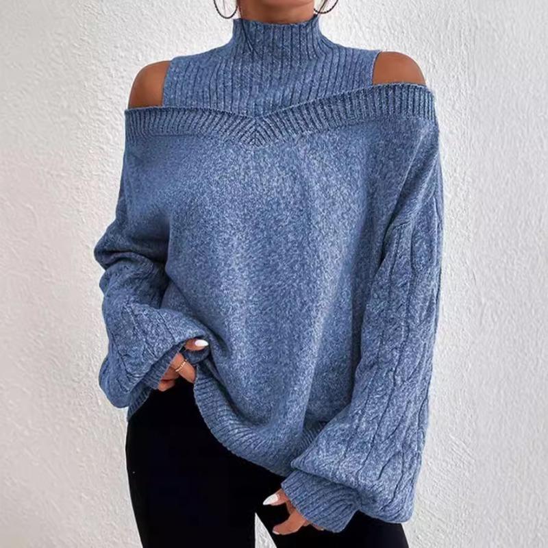 Off-the-shoulder Sweater Female Pullover Autumn and Winter New Loose Semi-high Neck Lantern Sleeve Sweater Female