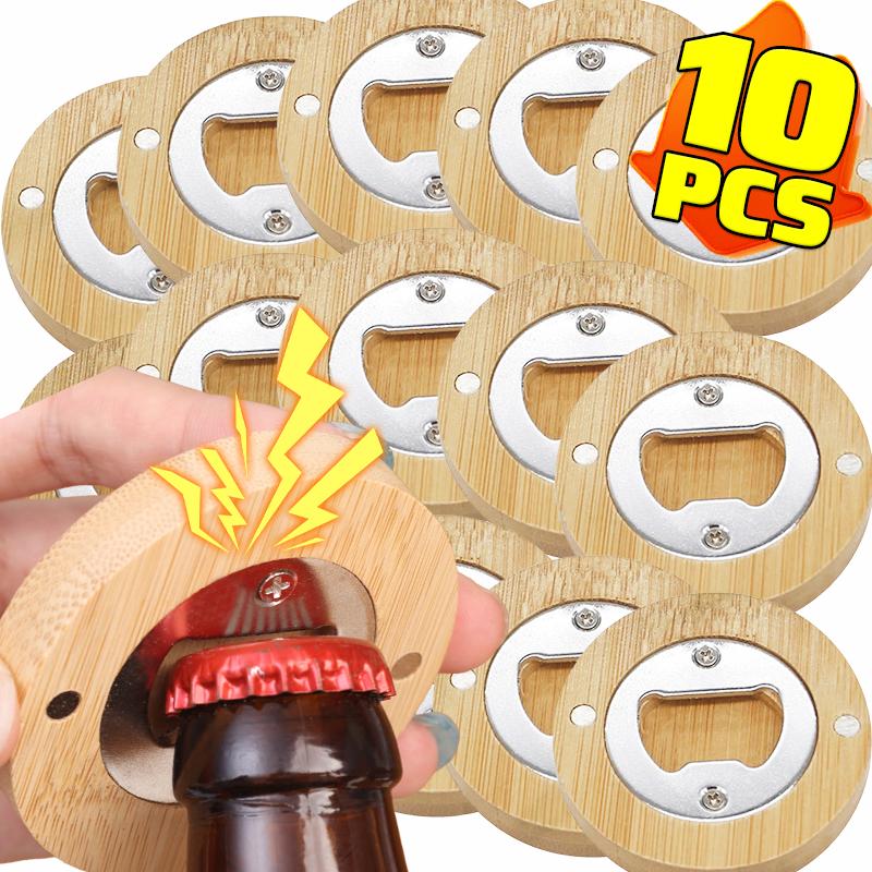1/10PCS Round Bamboo Bottle Openers Magnetic Beer Bottle Opener Portable Fridge Magnet Opener for Wedding Party Beverages Gadget