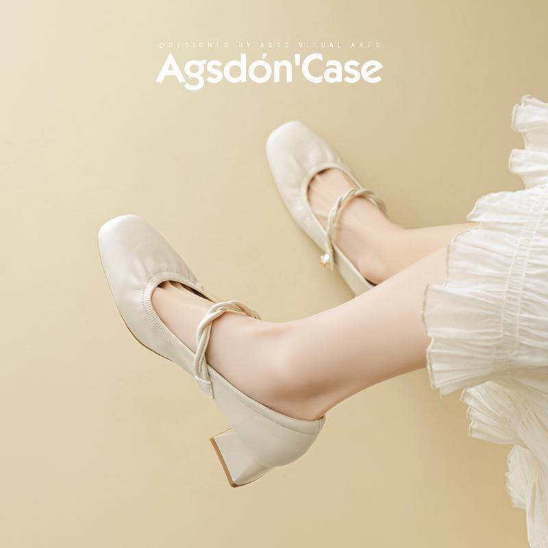 Augustine French single shoes women's 2025 new summer shallow mouth Mary Jane thick heel with skirt square head small leather shoes