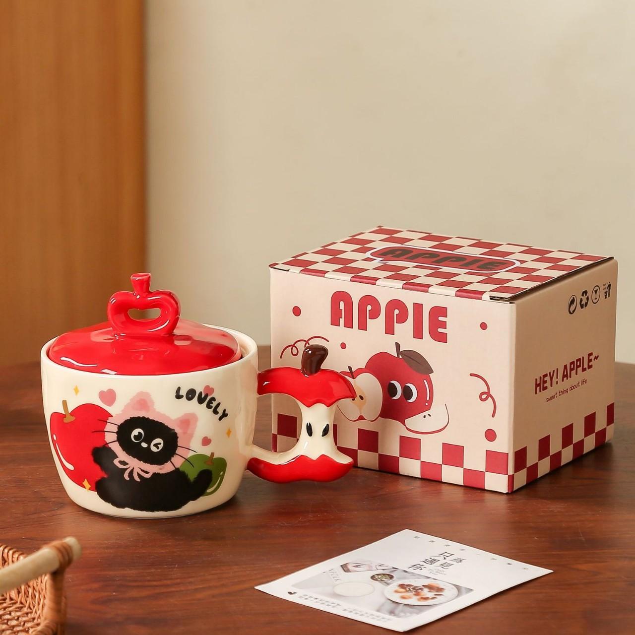 

Керамическая чашка с крышкой в виде кота Apple для девочек, подарочная чашка для дома, кружка для парного молочного завтрака 401-500ml