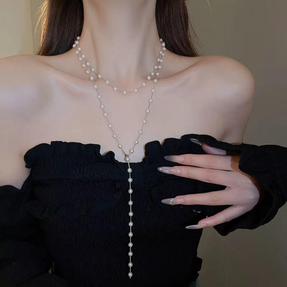 Fashion Sweater Chain Simulated Pearl Collarbone Chain Elegant Long Pearl Necklace Beach