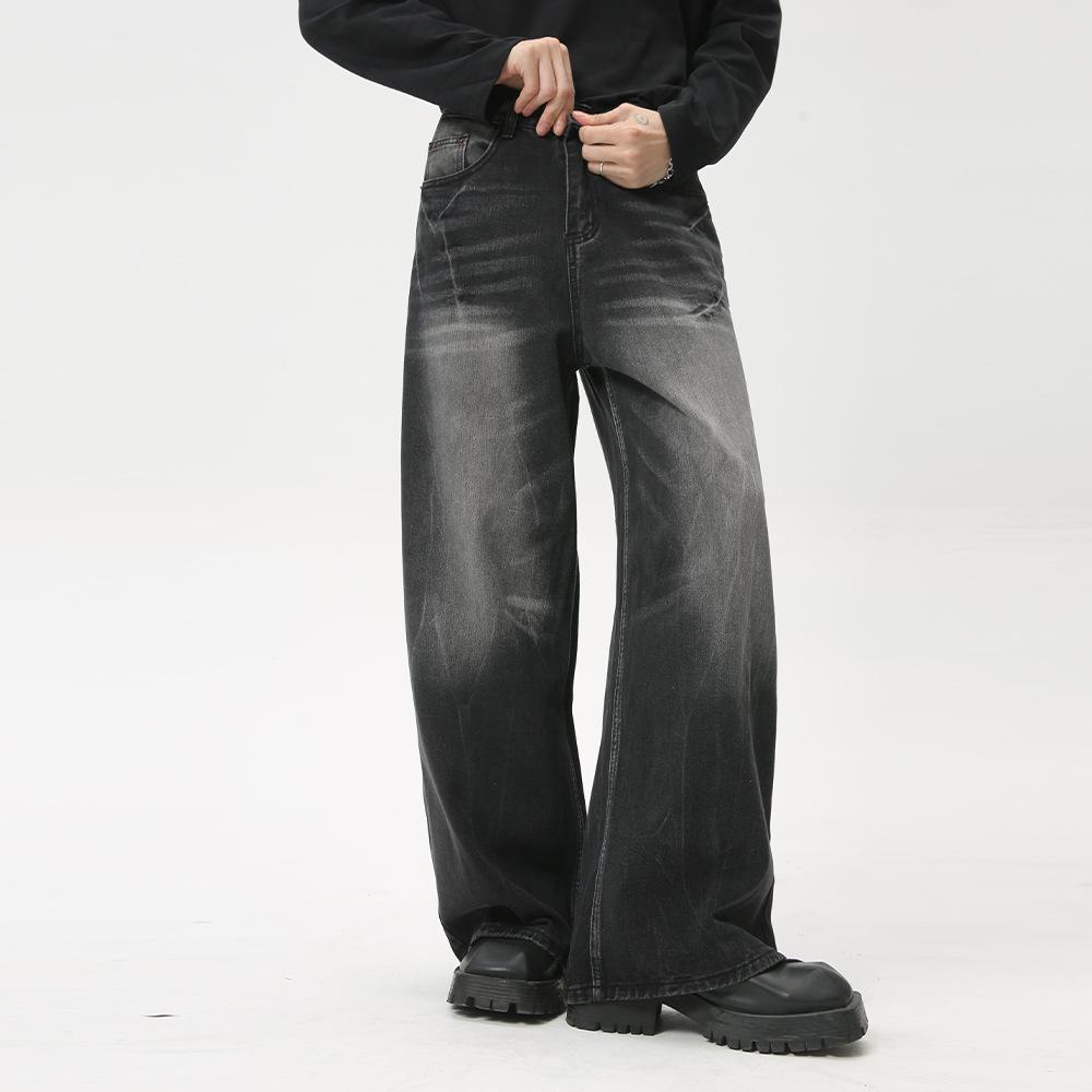 | American high street retro cat whisker washed straight loose commuter black and gray jeans
