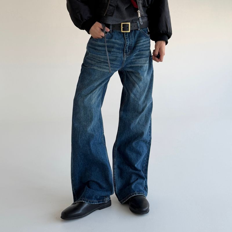 

Cabbage Coke American-Style Whiskered Washed Denim Jeans for Men, Clean Fit, High-End Feel, Loose Straight-Leg Stacked Pants Dark Blue 2XL