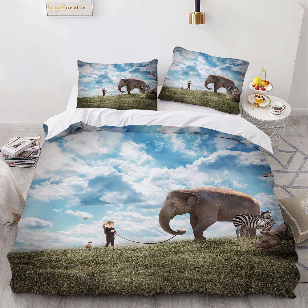 Small Elephant Duvet Cover Set 3D Print Cute Kawaii Wild Animals King Queen Size for Kids Teens Adults Animal Lover Bedding Set