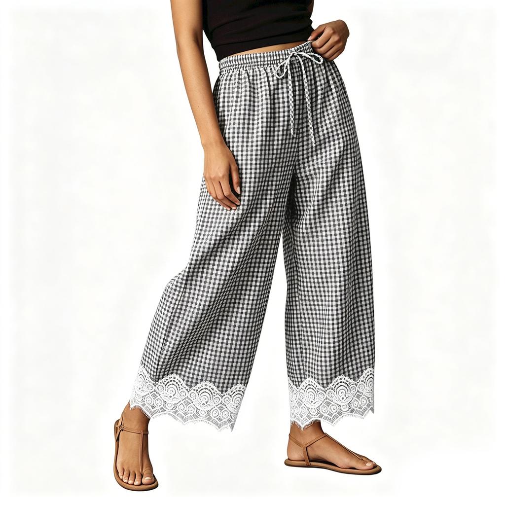 Pantaloni a Quadri Larghi da Donna con Vita Elastica e Bordi in Pizzo per Uso Quotidiano Casual