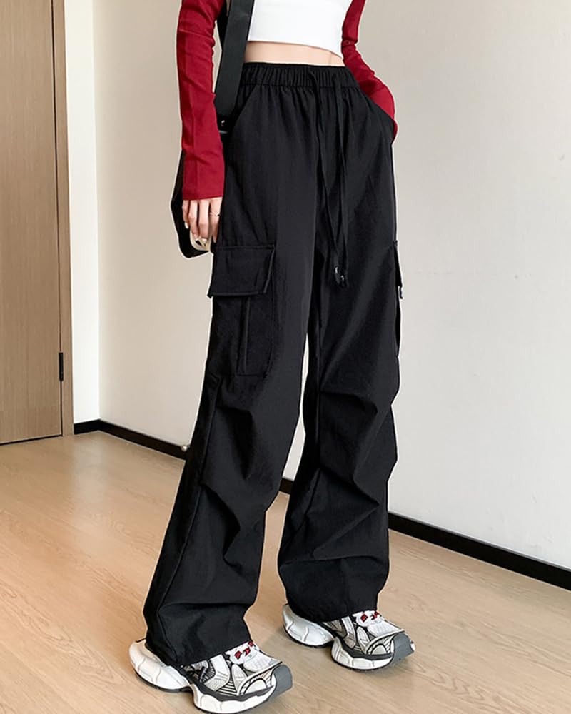 LUJPOIR Cargo Long Pants with Elastic Waist and Relaxed Loose Solid Autumn Women's Pants, Drawstring, Fit, Casual, Fit, Color, Spring, Summer, -