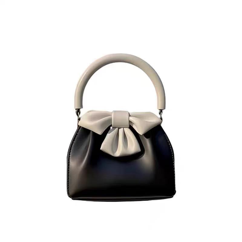 Women's Black Bow Pleated Color Block Handbag - 2025 French Chic