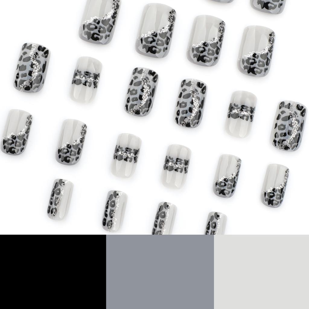 24pcs Gray Leopard Print Splicing Wear Armor High-end Manicure Fake Nail Short Square Wearable Nails