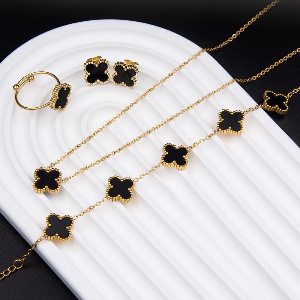 4PCS Clover 4-Piece Jewelry Set Including Necklace, Bracelet, Earrings and Ring, Versatile Lucky Five-Petal Flower Fashion Ornaments