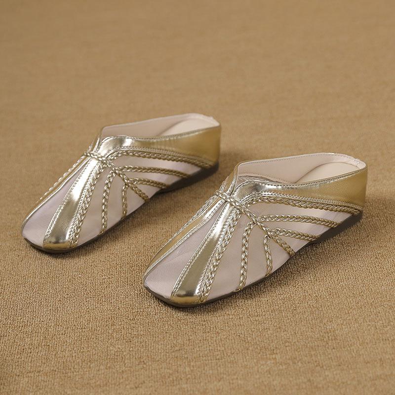 

Great good to wear bag head cool slippers women s fashion weaving silver square head low heel flat bottom inner height increase mesh half drag 35 золотой
