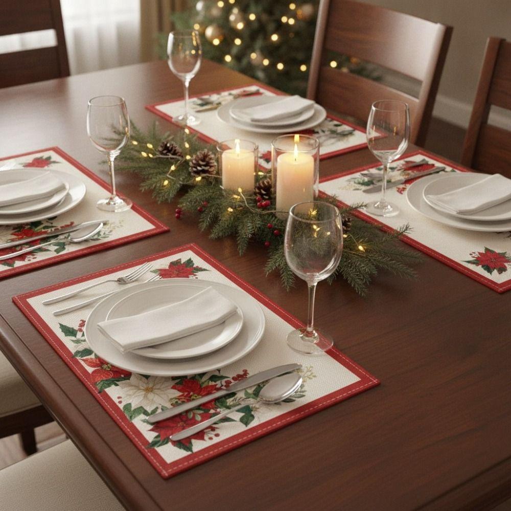 4PCS Linen-like Christmas Tree Placemats Anti-slip Tableware Insulated Mats New Year