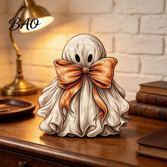 Seasonal Shelf Display Halloween Wooden Ghost Ornament with Pumpkin Pattern, Double Sided Desktop Decoration, Spooky Tiered Tray Decor Decor,