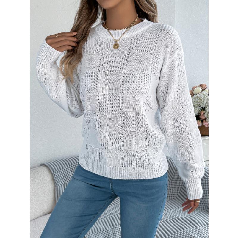 European American Style Solid Plaid Long Sleeve Pullover Sweater Women