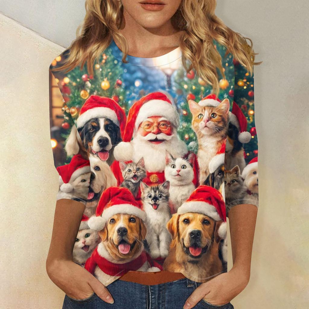 Dámské módní a ležérní top s tříčtvrtečním rukávem a vánočním potiskem s kulatým výstřihem