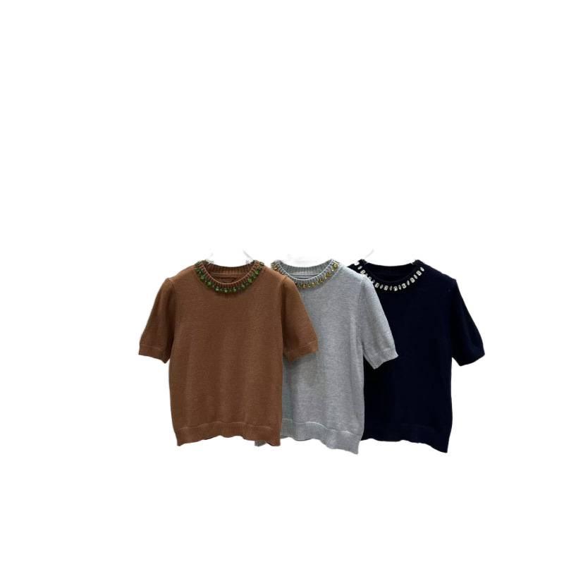 European Celebrity Rhinestone Collar Short Sleeve Knit Top - Age-Reducing & Versatile