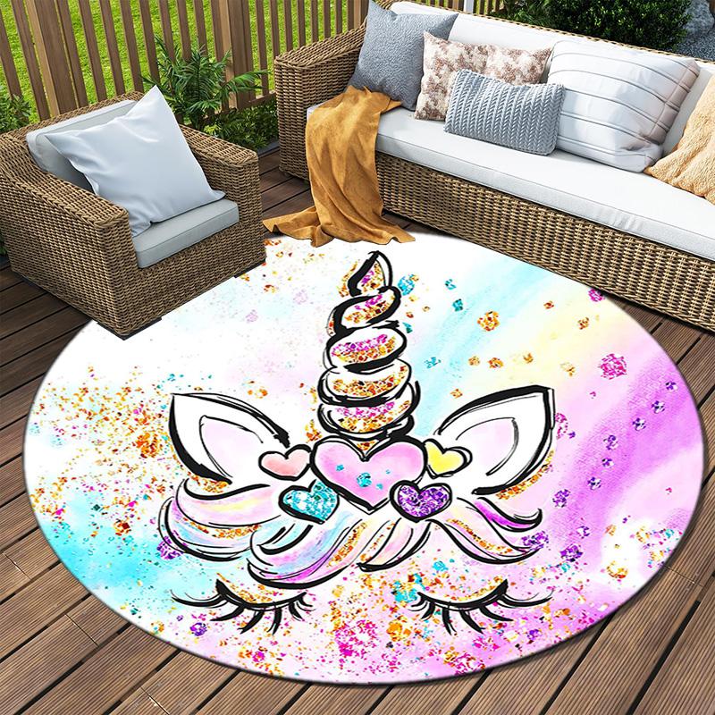 1Pc Cute Unicorn Circular Print Rug - Home Decoration Carpet For Living Room Bedroom Flooring Computer Chair Area Rug