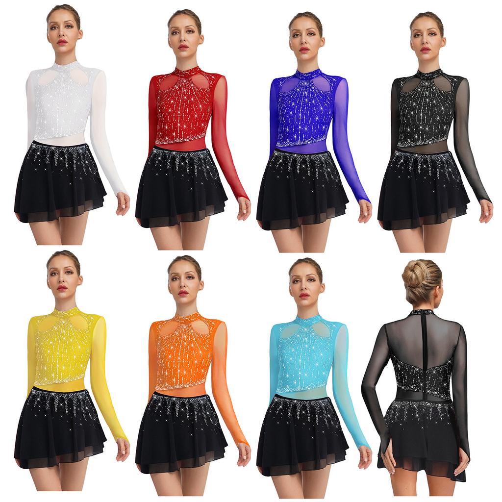 Damen Lyrisches Tanzleotards Kleid Strass Langarm Chiffonrock Body Eiskunstlauf Modernes Kostüm