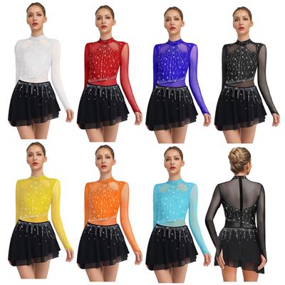 Collant de Dança Lirica Feminino Vestido Strass Manga Longa Saia de Chiffon Body Patinação Artística Traje Moderno