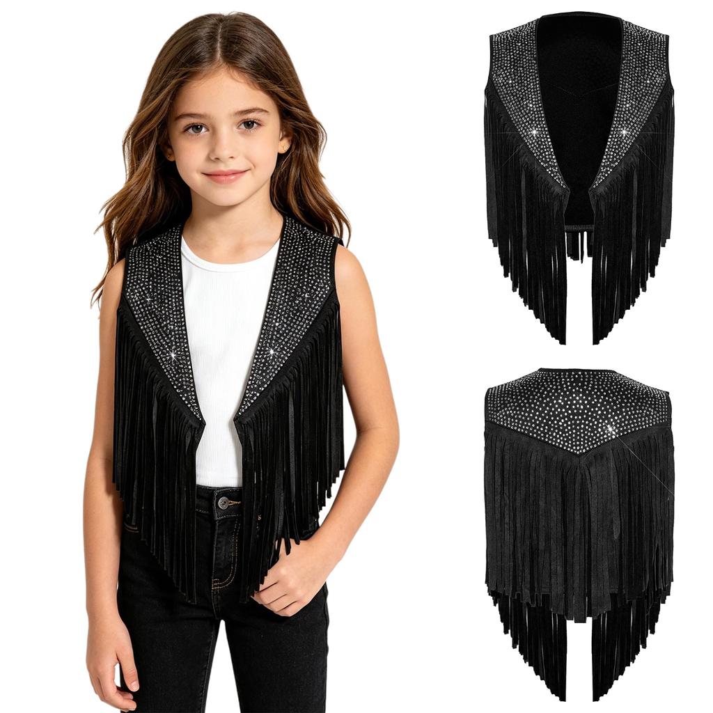 Girls Western Cowgirl Sleeveless Vest Tassel Fringe Sparkly Rhinestone Open Front Waistcoat for Country Music Festival Halloween