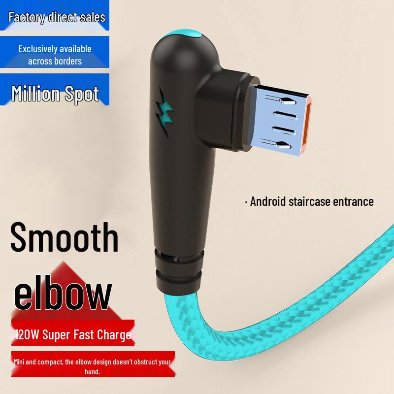 120W Fast Charging Elbow Data Cable for Android Devices - Compatible with Huawei, Vivo, Oppo, Meizu, and Redmi 6A