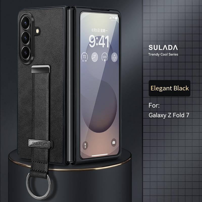 

Высококачественный деловой чехол-книжка Sle с подставкой для запястья, кожаный чехол для телефона для Samsung Z Fold 7 6 5, с покрытием, приятным на ощупь, противоударная защитная крышка Galaxy Z Fold7 чёрный