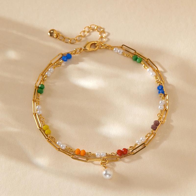 Bohemian Womens 18k Gold Plated Copper Pearl Beaded Anklet