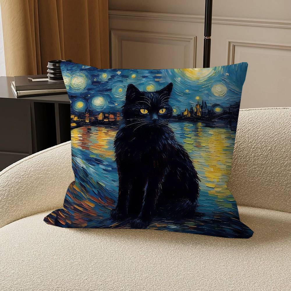 Black Cat Van Gogh Pillow Cushion Cover Pillowcase Living Room Sofa Home Decor Customized