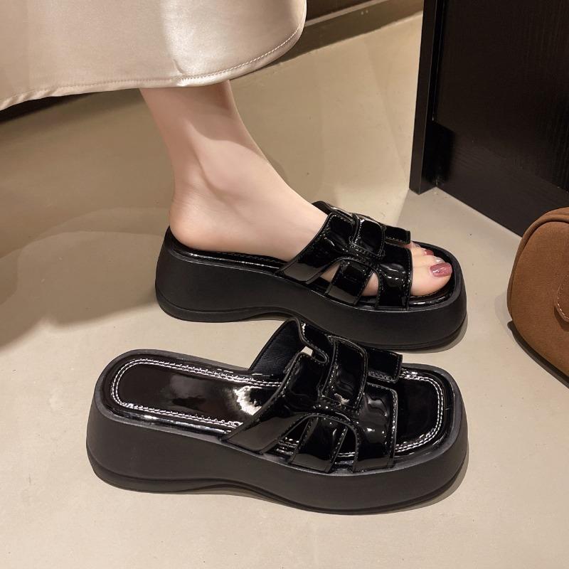 

Premium thick-soled slippers women s summer wear fashion slope heel new one-word drag go out beach cool slippers 39 чёрный