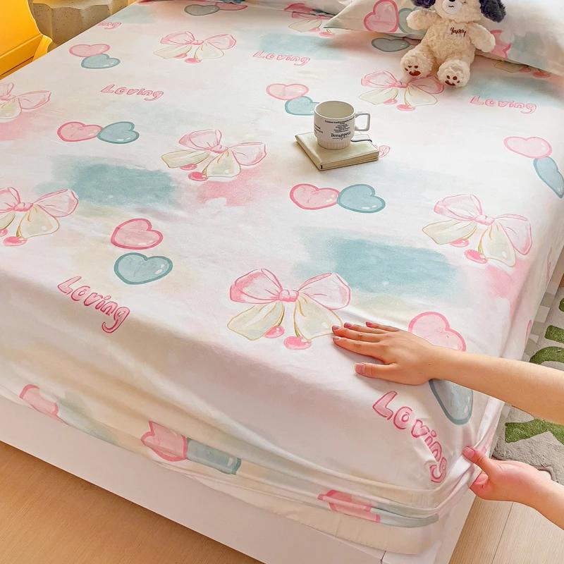 Queen Yatak Çarşaf Takımları Pembe Fiyonk Baskılı Fitted Yatak Çarşafı Kızlar için Tek Çarşaf King Boy Yatak Çarşafları Lastikli