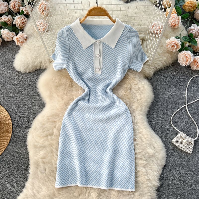

Polo Mixed Color Stripe Summer New Arrival Print Dress Blue One size