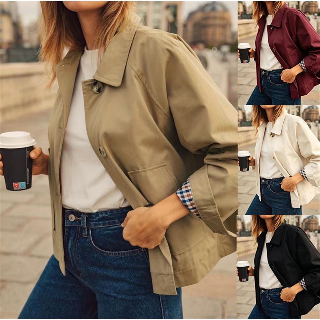 Women Lapel Collar Cropped Trench Jacket Single‑Breasted Long Sleeve Loose Casual Short Windbreaker Outerwear With Pockets